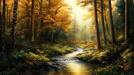Fototapeta premium Peaceful water stream winding through a dense, vibrant forest, illustrating a serene woodland scene.