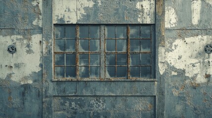 Old concrete facade with peeling surfaces, cracks, and smudged patterns, creating an eerie abandoned warehouse side view, symbolizing neglect and wear. Futuristic tone. Tetradic color scheme