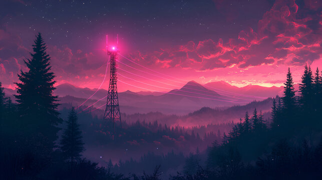 A telecom Tower with glowing lines in pink& blue flowing from left to right, Dark Image, Realistic photo, tower in the mountains, aurora borealis over the mountains