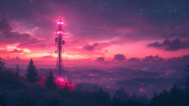 A telecom Tower with glowing lines in pink& blue flowing from left to right, Dark Image, Realistic photo, tower in the mountains, aurora borealis over the mountains