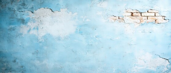 Old worn wall with chipped paint, exposed brick, faded blue and white tones, grungy textures, dramatic shadows, moody lighting, vintage realism, photography style