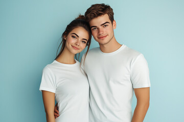 Obraz premium Portrait of smiling young woman and man in white t-shirt on blue background. Studio shot, copy space