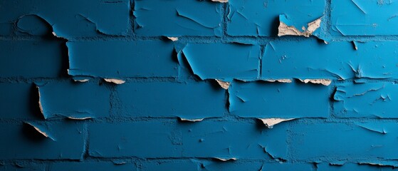 Obraz premium Old worn wall with layers of chipped paint and plaster, grungy textures in faded blue and white tones, exposed brick in some areas, moody lighting with shadows adding depth