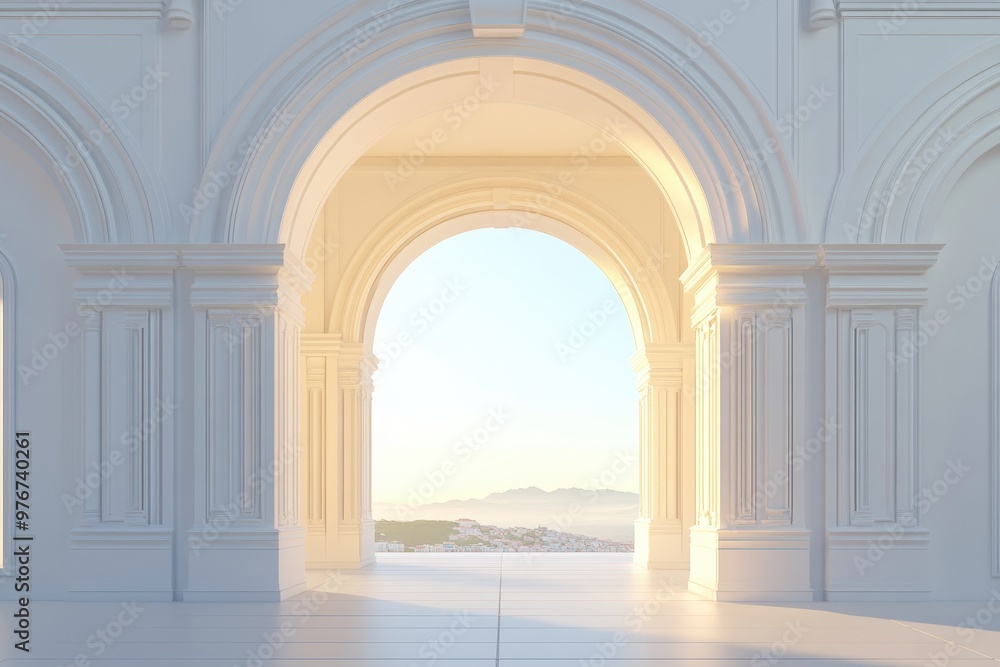 Poster a large archway with a view of a mountain in the background