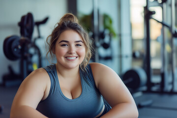 Fototapeta premium Smiling young chubby woman sitting and relaxing after fitness training in gym. Healthy concept