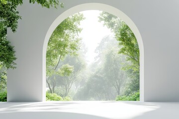 A white archway with trees in the background