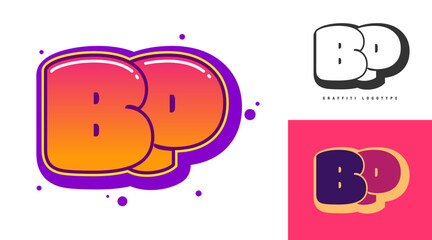 BP logo design for festival or party. Initial letter b and p in graffiti style. Creative modern lettering company name of font typography. Kids trendy logotype or identity.
