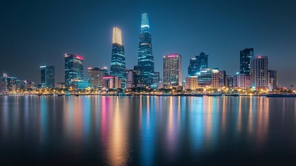 Obraz premium Panoramic of Ho chi minh city or Saigon city at twilight in Vietnam.