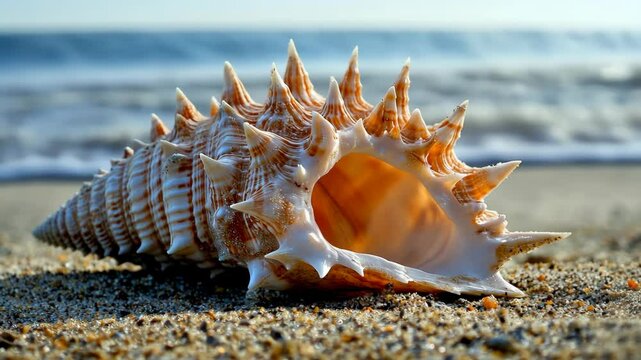 Exploring a stunning spiny shell along a tranquil beach at sunset