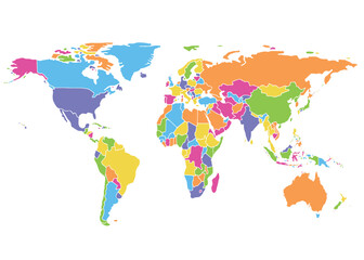 Obraz premium World map on white background. All countries in The World different colors. Can use for printing, website, presentation element, textile. World map vector illustration, high-resolution, travel.
