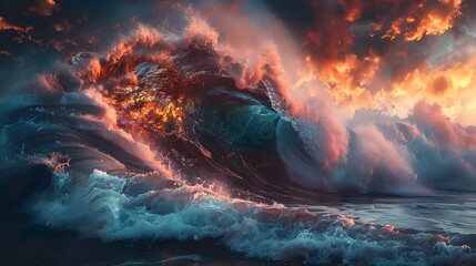 Surreal Seascape Colossal Oceanic Wave Ablaze with Radiant Colors and Swirling Patterns