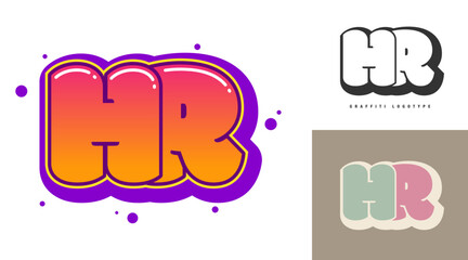 HR logo design for festival or party. Initial letter h and r in graffiti style. Creative modern lettering company name of font typography. Kids trendy logotype or identity.