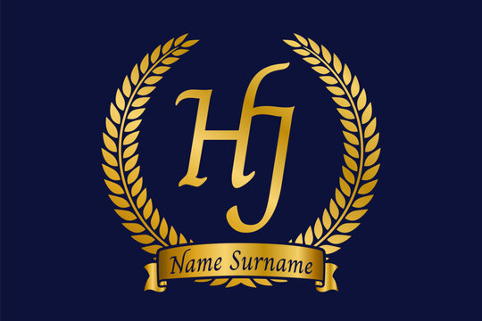 Initial letter H and J, HJ monogram logo design with laurel wreath. Luxury golden calligraphy font.