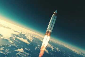 A rocket is flying through the sky above the Earth