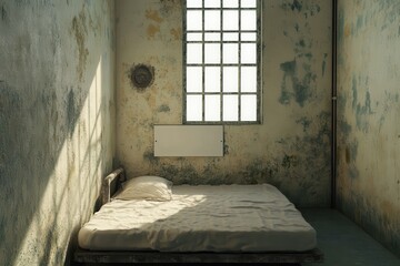 A prison cell with a window and a white screen
