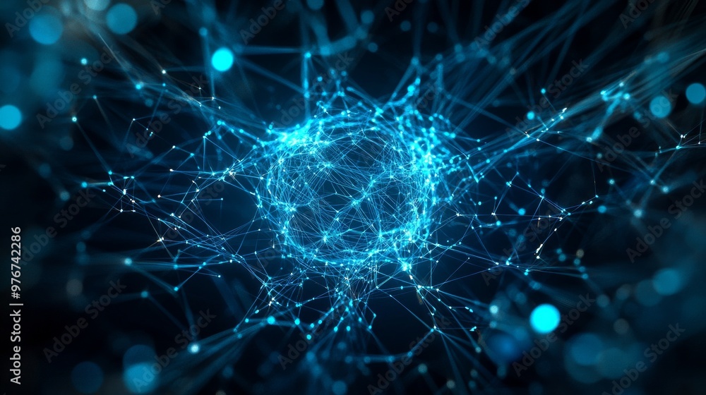 Poster a stunning visualization of interconnected blue nodes on a dark background. this high-tech style dep