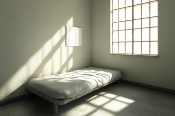 A prison cell with a window and a white screen