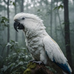 Obraz premium White Parrot in a Misty Forest: