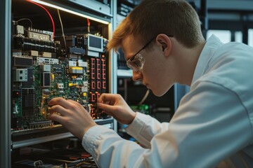 A Young Technician Works on a Circuit Board Inside a Server Rack