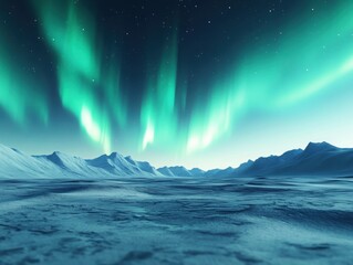 Naklejka premium A stunning display of northern lights illuminates the icy landscape, creating a breathtaking natural spectacle in the night sky.