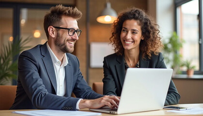 Happy professional business man and woman working on laptop at office meeting, two busy colleagues working together having conversation on project, discussing business plan at office 