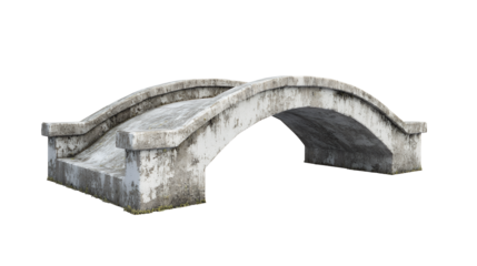 A weathered stone bridge with a single arch, isolated on a white background.