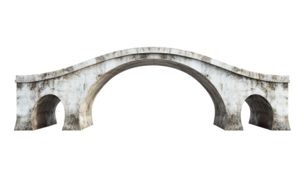 An old stone arch bridge stands isolated against a white background.