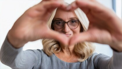 portrait of a person with a headache,Mature woman wears eyeglasses looking at camera through joined fingers showing heart symbol,