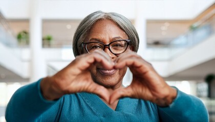 senior person with glasses Mature woman wears eyeglasses looking at camera through joined fingers showing heart symbol,