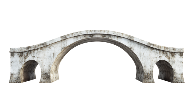 An old stone arch bridge stands isolated against a white background.