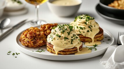 Delicious plate of pancakes topped with creamy sauce, herbs, and a side of crispy potato dish. Perfect for brunch settings.