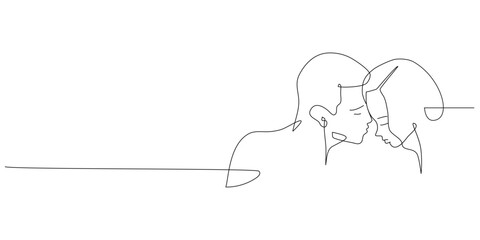 Vector one line art illustration of a lovers. Man and woman in love in oneline art style for Valentines Day card