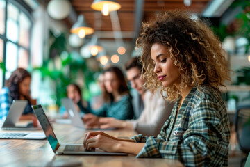 Employees using digital tablets and laptops in a modern, technology-driven office