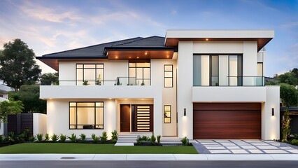 Luxurious Modern house exterior with cream color wall. Generative ai Illustration