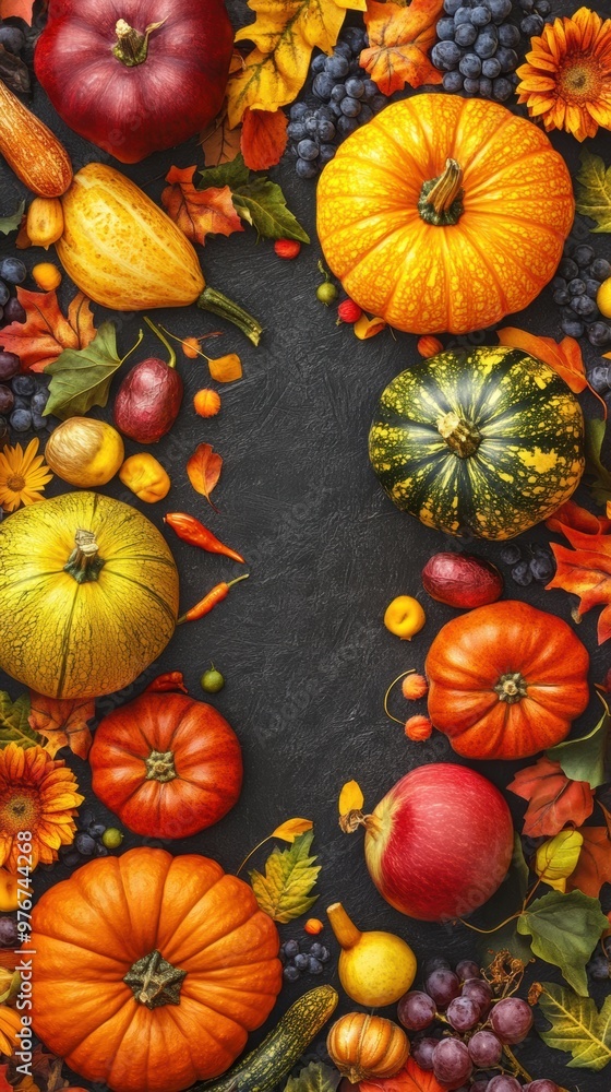 Poster A group of different fruits and vegetables arranged in a circle