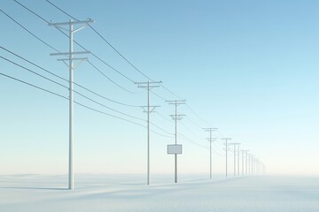 A long line of power poles with a sign in the middle