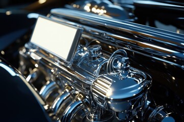 Fototapeta premium A close up of a car engine with a white plate on the front