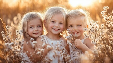Obraz premium Three little girls standing in a field of tall grass