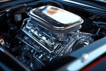 Fototapeta premium A close up of a car engine with a shiny chrome finish