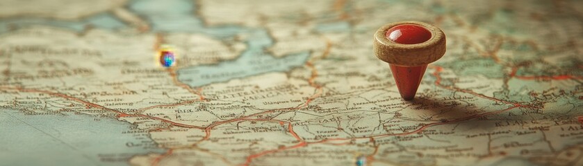 A close-up of a vintage map with a red pushpin marking a location, symbolizing travel and exploration.