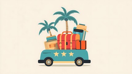 A blue car with luggage and palm trees on top, representing a journey or vacation.