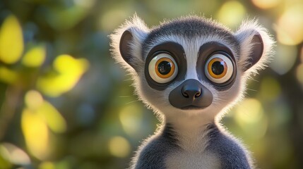 Fototapeta premium A 3D-rendered lemur with big, round eyes, with a soft pastel background on the right, embodying the playful nature of these zoo animals