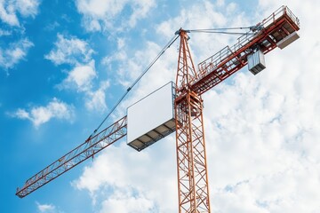 large white sign is suspended from a crane