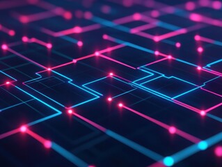 A vibrant, futuristic digital circuit design featuring glowing lines and nodes in blue and pink hues, perfect for tech visuals.