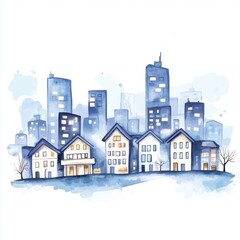 A charming watercolor illustration of houses and tall buildings, evoking a serene urban landscape with soft blue tones.