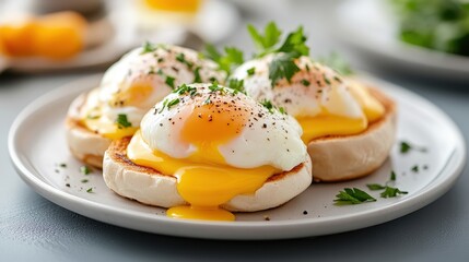 Delicious eggs benedict served with creamy yolk and fresh herbs, perfect for breakfast or brunch occasions.