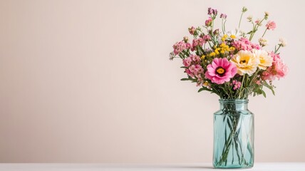 Fototapeta premium A vibrant bouquet of assorted flowers in a glass vase against a soft, neutral background, perfect for floral-themed artwork.