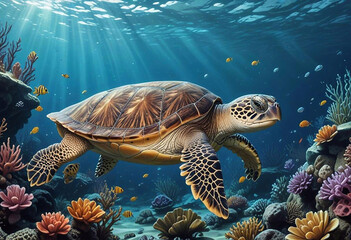 Obraz premium Illustration of the marine underwater world, coral reefs, fish and turtle close-up