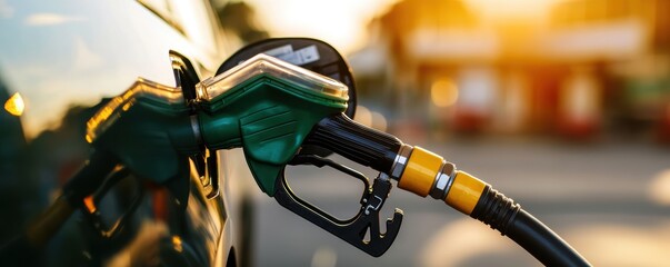 A close-up of a fuel nozzle at a gas station, capturing the essence of refueling and the warmth of the sunset in the background.