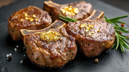Grilled Lamb Chops with Gold Leaf on Black Slate Plate.